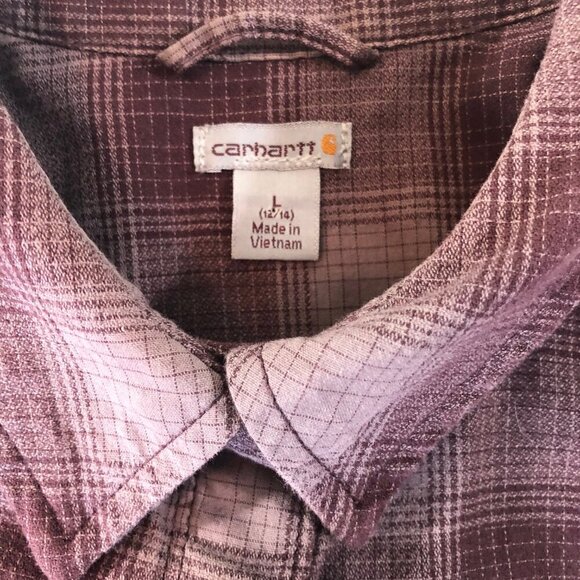 Carhartt Women's Burgundy Plaid Roll Tab Sleeve Button Down Shirt Size L (12/14) - Picture 4 of 7